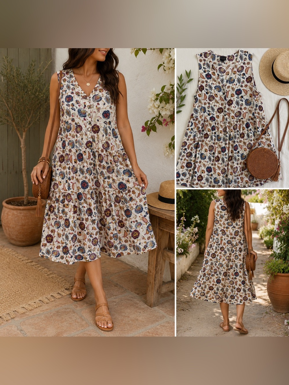 MOD Lusive Floral Paisley Sleeveless Midi Dress 1X Boho Button Front Rayon